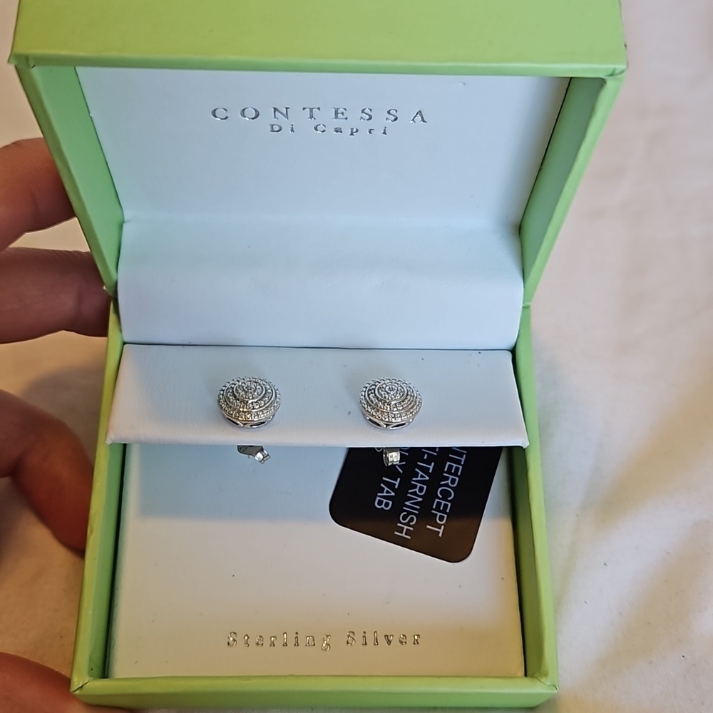 Round Sterling Silver and Cubic Zirconia Earrings - Picture 2 of 4